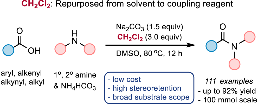 Abstract image of journal article: Reappraising Dichloromethane: Uncovering a Hidden Coupling Reagent for Activating Carboxylic Acids in Direct Amide Synthesis