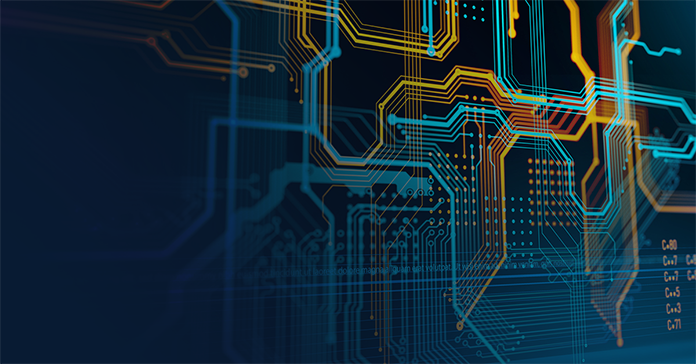 Abstract circuit board pattern with blue and orange lines on a dark background